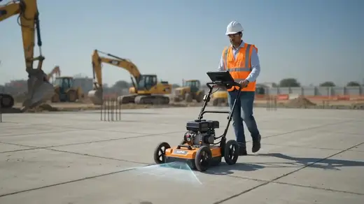 GPR cart being pushed across a road along a planned trench line